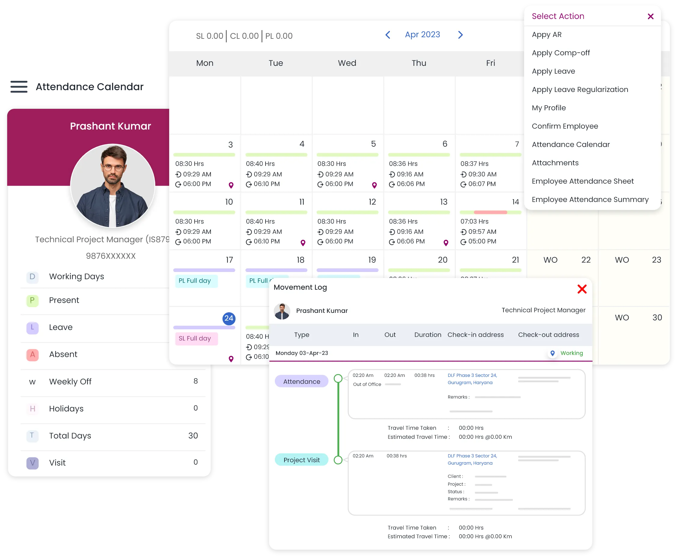 Unified view of attendance, leaves, and holidays on QkrHR attendance calendar