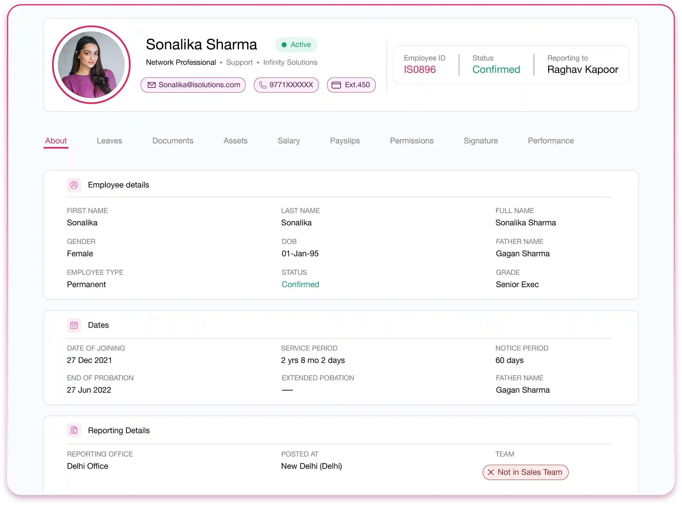 QkrHR employee profile dashboard showing employee records, documents, job history, and asset details
